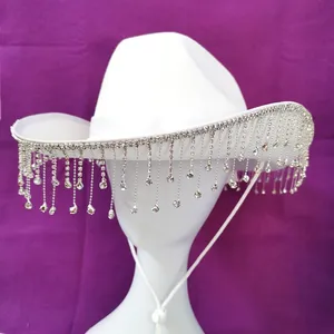 Sombrero con flecos de estilo vaquero para mujer, sombrero con flecos de diamante de imitación, ala ancha, para boda, color blanco