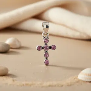 Colgante Cruzado Moderno para Mujer en Plata de Ley 925 con Circonita Rosa, Chapado en Oro Rosa y Rodio, Joyería de Oro de 18K - Product Image 1