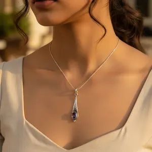 Colgante de Plata 925 con Amatista en Forma de Lágrima para Mujer, Chapado en Oro, Estilo Religioso, Amuleto con Número, Hecho Principalmente de Aleación con Piedras Preciosas Naturales - Product Image 1