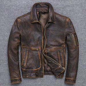 Blouson Aviateur Homme Vintage Marron en Cuir Véritable de Vache Vieilli Coupe Slim Décontractée Style Moto - Product Image 3