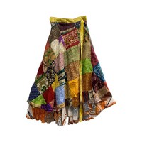 Falda Larga de Retales de Seda Sari Reversible Hecha a Mano Estilos Surtidos Aspecto Informal en Capas de Talla Grande