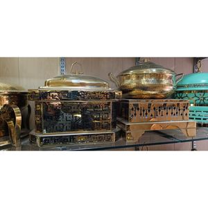 Plat à chafing en acier laiton antique poli avec motif gravé pour buffet d'hôtel et restauration commerciale - Product Image 6