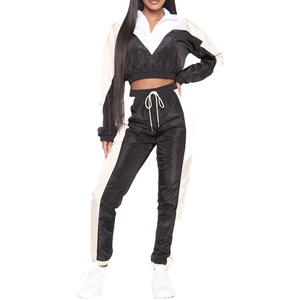 2024 Chándal cortavientos de bloque de color para mujer Conjunto de 2 piezas Conjunto de Jogger recortado con media cremallera - Product Image 2