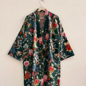 Soft Cotton <b>Velvet</b> Kimono Robe For <b>Women</b> Floral Printed Long Duster Jacket - Product Image 1