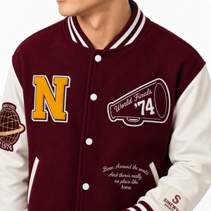 Veste universitaire coupe-vent hiver marron et blanc, broderie N, style preppy, col rabattu, unisexe, en polyester et coton - Product Image 4