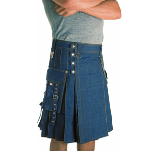 Kilt écossais en denim bleu pour homme, clous en laiton, respirant, anti-rides, chaînes métalliques, vente en gros, promotion - Product Image 1