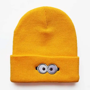 Moda personaje de dibujos animados ojos gafas bordadas de punto invierno frío sombrero Anime amarillo hombre pulóver cálido acrílico Beanie - Product Image 3