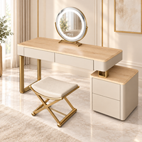 Ensemble de coiffeuse moderne ivoire avec miroir rond LED, armoire latérale multi-tiroirs, tabouret, taille et couleur personnalisables, garantie de 2 ans