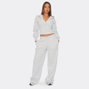 100% coton gris chiné femmes cordon taille 2 pièces survêtement ensemble sweat à capuche et pantalons de survêtement pleine longueur 2 pièces femmes survêtement ensemble - Product Image 1