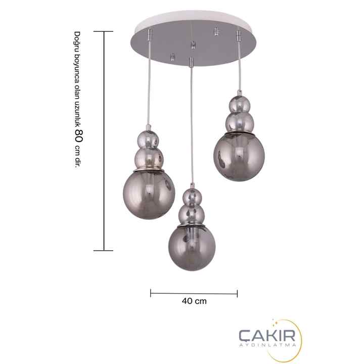 Set of 3 Ball Smoked Glass Silver (Chrome) Pendant Lamp Çakır Chandelier