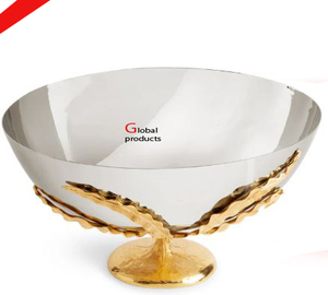 Tazón para servir de acero inoxidable y metal con acabado plateado de aspecto brillante con soporte de diseño de hoja dorada para restaurante y bar de hotel - Product Image 1