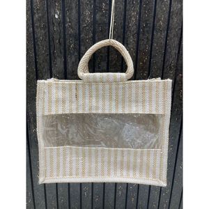 Bolsa de Compras de Yute y Algodón con Diseño de Rayas y Letras, Bolsa de Playa Mediana con Transferencia Térmica para Publicidad, Capacidad de 5 kg - Product Image 1