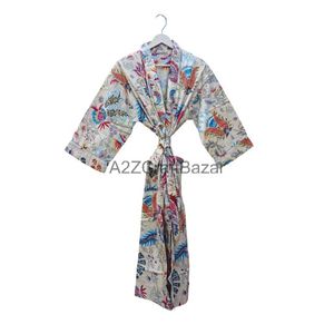 Peignoir de haute qualité en coton imprimé en bloc, design kimono, ceinture à nouer, manches longues, robe de chambre, vêtements de détente, spa, vêtements pour femmes - Product Image 1