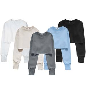 Top corto de color sólido de alta calidad con capucha Sudaderas con cuello redondo para mujer ropa informal Jersey de algodón sudaderas con capucha - Product Image 1