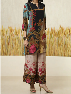 เสื้อผ้าอินเดียและปากีสถานหลากสีทรงตรงพร้อมกางเกงพาลาซโซสีเบจและดีไซน์เนอร์ชุดพิมพ์ลายดอกไม้ - Product Image 2