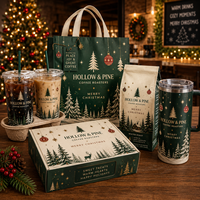 Coffret cadeau de Noël personnalisé AT PACK avec sacs à café, tasses, gobelets, sacs fourre-tout, boîtes et fournitures de café de marque pour les fêtes