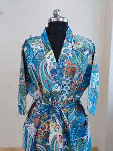 100% Cotton Short-Sleeved V-Neck Luxury <b>Kimono</b> Robe Indian Floral Print Bridesmaid Gift Summer Loungewear for <b>Women</b>/Unisex - Product Image 3