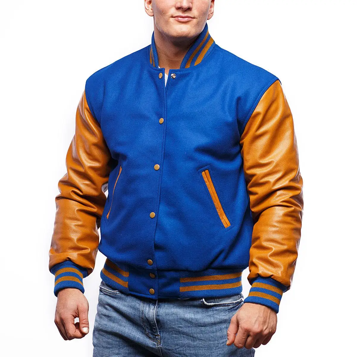 2023 Custom Men Varsity Letter men College Jacken Königsblau Wolle Echtes altes Gold Leder Outdoor Mode Winterkleid ung