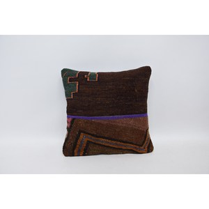 Almohada de retazos Kilim de lana marrón, almohada decorativa de 16x16 pulgadas, ropa de cama tejida con estampado Floral Vintage, suelo portátil - Product Image 1