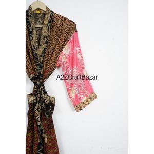 Kimono en soie pour femme de style bohème, robe indienne patchwork, tricotée, manches trois-quarts, fermeture à cordon, respirante, séchage rapide - Product Image 3