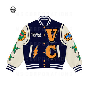 Chaqueta universitaria de béisbol para hombre con logotipo personalizado, Mangas de cuero negro y cuello alto bordado para parejas y Letterman - Product Image 1