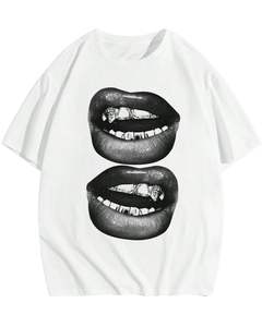 T-shirt surdimensionné personnalisé pour homme avec imprimé graphique de lèvres blanches, streetwear, coton, manches courtes, décontracté, coupe ample, mode moderne, haut de t-shirt - Product Image 1