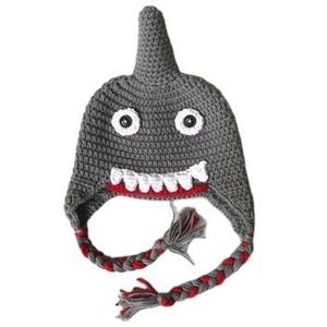 Bonnet bébé en coton tricoté à la main, motif requin, chaud, pour l'automne et l'hiver, avec ouverture pour queue de cheval, personnalisable, vente en gros, motif dessin animé - Product Image 2