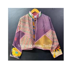 Vintage Kantha <b>Quilted</b> Jacket Women Handmade Reversible Cotton Short Autumn Winter Finished Coat - Product Image 1