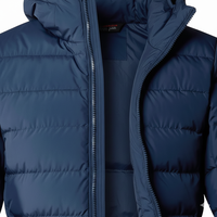 Veste matelassée d'hiver unisexe personnalisée en toile bleu marine, style streetwear, avec capuche et logo frontal, doublure en coton à séchage rapide de 100 grammes