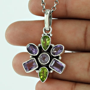 Latest Trending Design 925 Sterling Silver Natural Multi Gemstone <b>Flower</b> Shape Pendant Custom Design Jewelry Manufacturer India - Product Image 3