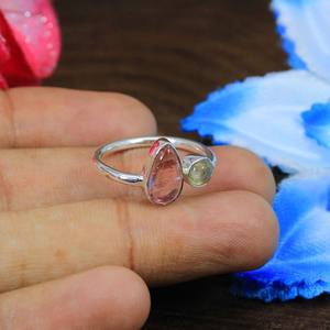 925 Sterling Silver <b>Adjustable</b> <b>Ring</b> Natural Pink Green Tourmaline Hip-hop Style Rhodium Plated Platinum Flower Fine <b>Rings</b> - Product Image 2