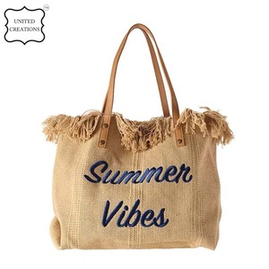 Sacs de jute avec poignées en cuir fourre-tout sac à bandoulière femmes sac à main grand sac fourre-tout en toile de coton pour femmes - Product Image 4