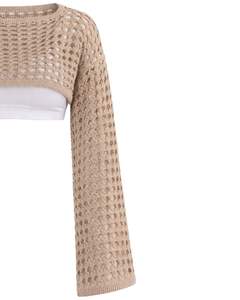 Manufacturer Customized <b>Beige</b> Crochet Knit Cropped Sweater Women Openwork Flare Sleeve Lightweight Summer Fashion <b>Top</b> - Product Image 3