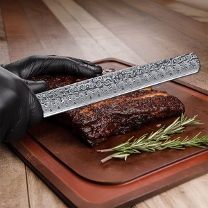 Couteau de chef long en acier Damas pour trancher le poisson, les rôtis et les fruits, avec manche en bois de ronce de résine bleue et lame en acier au carbone - Product Image 4