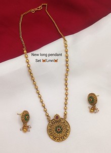 Pendentif rond traditionnel indien plaqué or Long Mala pendentif collier ensemble à la mode femmes avec correspondant boucle d'oreille pendentif ensemble - Product Image 2