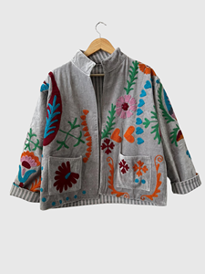 Veste en velours fleuri brodée à manches longues, taille plus, col mandarin, vêtements d'automne pour femmes - Product Image 1
