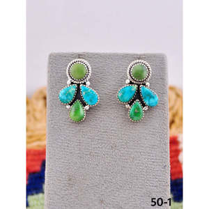 Southwest Style Emerald Valley Turquoise & Sterling <b>Silver</b> <b>Stud</b> Earrings Flower-shaped with Bezel Setting - Product Image 1