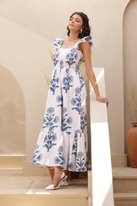 Robe mi-longue en camisole faite à la main de Jaipur pour femmes, imprimé floral bleu, bretelles, décoration en dentelle, pour les vacances d'été ou les tenues - Product Image 4