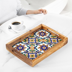 Bandeja decorativa rectangular de madera de olivo con incrustaciones de cerámica Artículo de decoración para el hogar Premium - Product Image 5