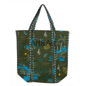 Handmade Indian Cotton Quilted Women's Lady Tote Bag Large Floral Print Eco-Friendly Stylish Travel Daily Shopping Two <b>Handles</b> - Product Image 2