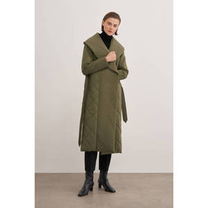 Manteau parka long matelassé kaki pour femme avec ceinture, style formel à double boutonnage, taille XL - Product Image 5