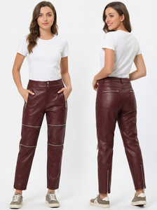 Pantalons droits en similicuir de mode décontractée streetwear en gros, taille haute, fermeture éclair, extensible, logo en relief personnalisé, pantalons en cuir - Product Image 2