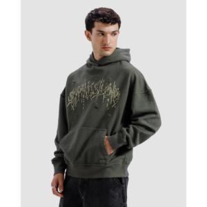 Sweat à capuche à motif uni, effet vieilli et délavé, 100% coton French Terry, techniques de sérigraphie et broderie, style Hip-Hop, lourd, avec fermeture éclair - Product Image 3