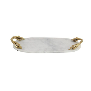 Plateau de service ovale de luxe en marbre naturel blanc avec élégantes poignées en métal feuille d'or pour la décoration de mariage, la maison et la cuisine. - Product Image 1