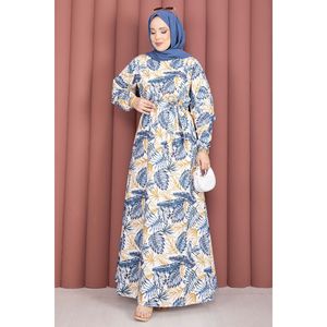 Indigo Palm Pattern Gathered Waist <b>Dress</b> <b>Custom</b> Designed Casual Hippie Style Breathable Knee-Length Size 2XL for Everyday Use - Product Image 4