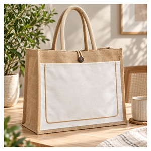 Sac fourre-tout en jute naturel ivoire avec poignées en corde, poche avant en toile passepoilée, fermeture à bouton, 17x13x6 pouces, logo personnalisé, sac de courses cadeau, vente en gros - Product Image 1