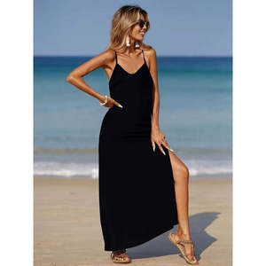 Women's Strappy V-Neck Long <b>Viscose</b> <b>Dress</b> with Cross Back Detail and Slit, 37538 - Black - Product Image 2