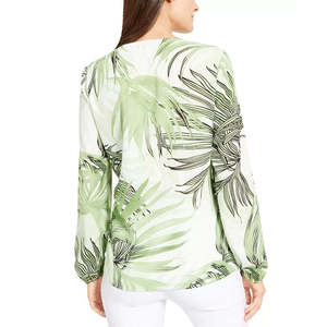 Top da donna Alfani verde a campana, taglia XS, in raso chiffon con motivo geometrico, stile formale da ufficio con fiocco e colletto alla coreana - Product Image 2