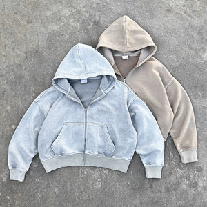 Sweat à capuche personnalisé de haute qualité, lavage à l'acide, 100% coton, poids lourd, épaules tombantes, double fermeture éclair, lavage à l'acide, pour hommes - Product Image 1