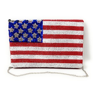 USA Stars Stripes Beaded Fold Clutch Handbag Patriotic <b>Red</b> White Blue Fashionable Button Magnetic Closure Cross-Body Evening - Product Image 1